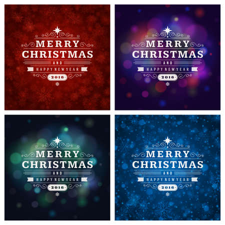 Christmas Typography Greeting Cards Design Set. Merry Christmas and Holidays wishes retro style vintage ornament decoration. Christmas lights and Snowflakes Backgrounds. Vector illustration EPS 10.のイラスト素材
