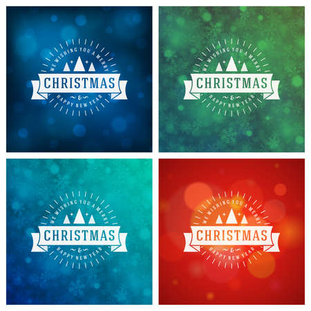 Christmas Typography Greeting Cards Design Set. Merry Christmas and Holidays wishes retro style vintage ornament decoration. Christmas lights and Snowflakes Backgrounds. Vector illustration EPS 10.のイラスト素材