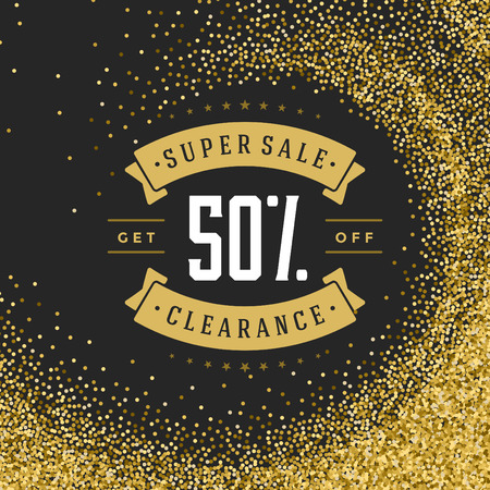 Sale Label or Tag Design on Gold Background Vector Vintage. Sale banner, Discount flyer, Shopping poster. Glitter Sparkles Bright Confetti.のイラスト素材