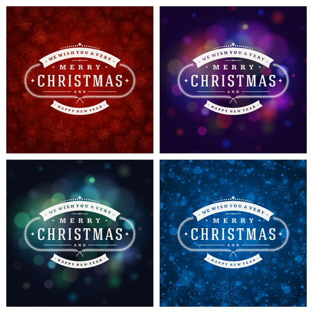 Christmas Typography Greeting Cards Design Set. Merry Christmas and Holidays wishes retro style vintage ornament decoration. Christmas lights and Snowflakes Backgrounds. Vector illustration EPS 10.のイラスト素材