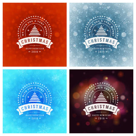 Christmas Typography Greeting Cards Design Set. Merry Christmas and Holidays wishes retro style vintage ornament decoration. Christmas lights and Snowflakes Backgrounds. Vector illustration EPS 10.のイラスト素材
