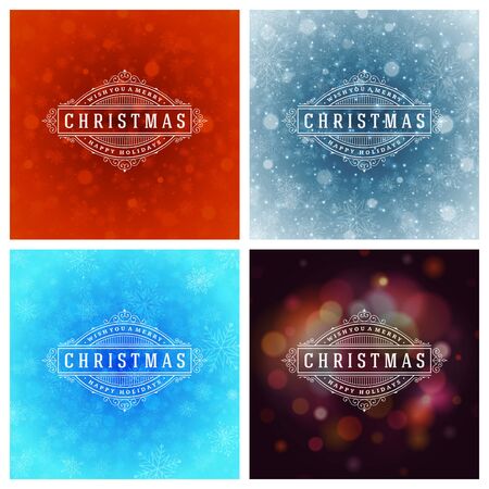 Christmas Typography Greeting Cards Design Set. Merry Christmas and Holidays wishes retro style vintage ornament decoration. Christmas lights and Snowflakes Backgrounds. Vector illustration EPS 10.のイラスト素材