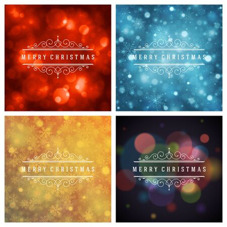 Christmas Typography Greeting Cards Design Set. Merry Christmas and Holidays wishes retro style decoration. Christmas lights and Snowflakes Backgrounds. Vector illustration EPS 10.のイラスト素材