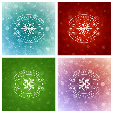 Christmas Typography Greeting Cards Design Set. Merry Christmas and Holidays wishes retro style decoration. Christmas lights and Snowflakes Backgrounds. Vector illustration EPS 10.のイラスト素材