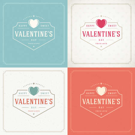 Happy Valentines Day Greeting Cards or Posters Set Vector illustration. Retro typography design and texture background. Heart shape symbol and elements, Love Concept.のイラスト素材