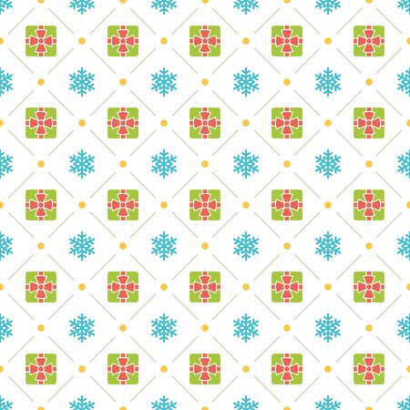 Christmas pattern vector design for background, wrapping paper, greeting card. Snowflakes and gift boxes icons.のイラスト素材