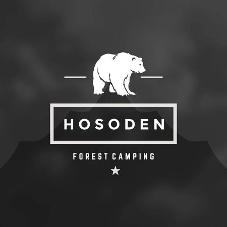 Forest camping logo emblem vector illustration. Outdoor adventure leisure, Bear silhouette shirt, print stamp. Vintage typography badge design.のイラスト素材