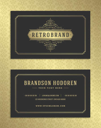 Luxury business card and golden vintage ornament icon vector template. Retro elegant flourishes ornamental frame design and pattern background.のイラスト素材