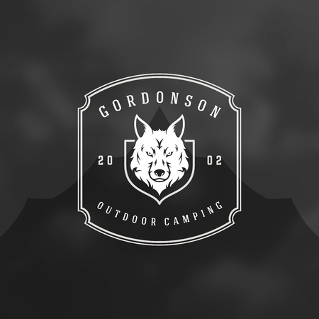 Forest camping logo emblem vector illustration. Outdoor adventure leisure, Wolf head silhouette shirt, print stamp. Vintage typography badge design.のイラスト素材
