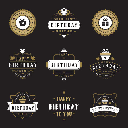 Happy Birthday Badges and Labels Vector Design Elements Set. Birthday and Anniversary wishes typography messages for greeting cards. Decoration objects, symbols and ornaments Illustration.のイラスト素材