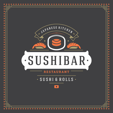 Sushi restaurant icon vector illustration. Japanese food, roll silhouette. Vintage typography badge design.のイラスト素材