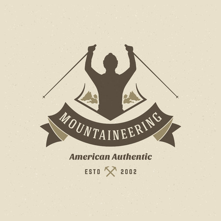 Climber logo emblem vector illustration. Outdoor adventure expedition, mountaineer man silhouette shirt, print stamp. Vintage typography badge design.のイラスト素材