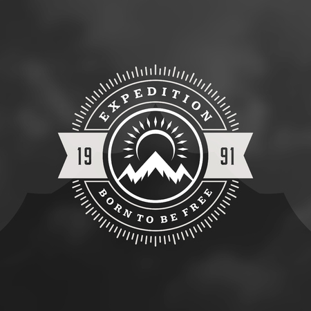 Mountains logo emblem vector illustration. Outdoor adventure expedition, mountains silhouette shirt, print stamp. Vintage typography badge design.のイラスト素材