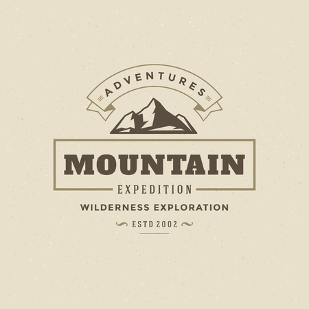 Mountains logo emblem vector illustration. Outdoor adventure expedition, mountains silhouette shirt, print stamp. Vintage typography badge design.のイラスト素材