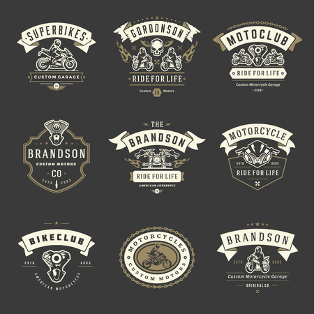 Motorcycles logos templates vector design elements set, vintage style emblems and badges retro illustration. Classic biker clubs, sport motorbike silhouettes.のイラスト素材