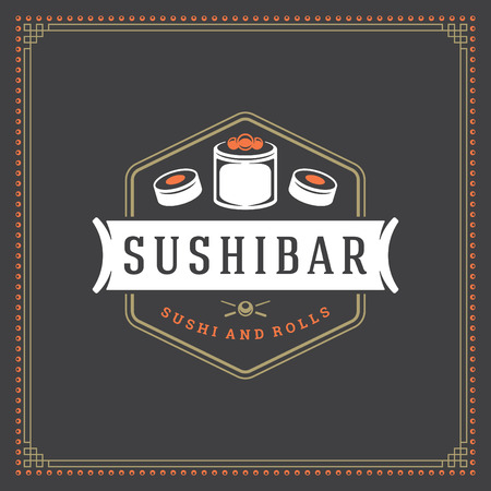Sushi restaurant logo vector illustration. Japanese food, roll silhouette. Vintage typography badge design.のイラスト素材