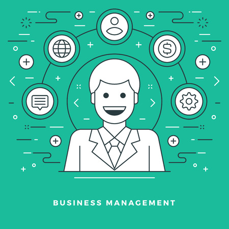 Flat line Vector illustration. Modern thin linear stroke icons. Website Header Graphics, Banner, Infographics Design, Promotional Materials. Business management, Business man icon.のイラスト素材