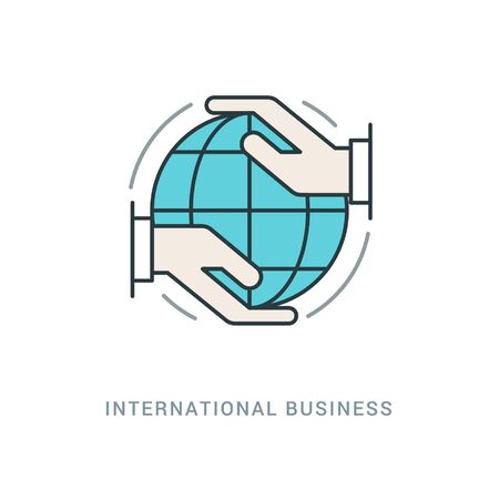 Line Icon Flat thin linear stroke vector illustration. For website graphics, Mobile Apps, Infographics. Easy resize to 256, 512 pixels, easy edit colors. International Business, Globe and hands.のイラスト素材