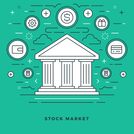 Flat line vector illustration. Modern thin linear stroke icons. Website header graphics as stock market and exchange building icon.のイラスト素材