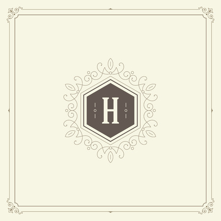 Ornament monogram logo design template vector flourishes calligraphic vintage frame. Good for Luxury Crest, boutique brand, wedding shop, hotel sign.のイラスト素材
