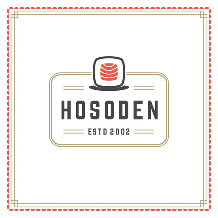 Sushi restaurant logo vector illustration. Japanese food, roll silhouette. Vintage typography badge design.のイラスト素材
