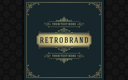 Luxury logo template vector golden vintage flourishes ornament. Good for royal crest, boutique brand, wedding shop, hotel sign. Frame and pattern background.のイラスト素材