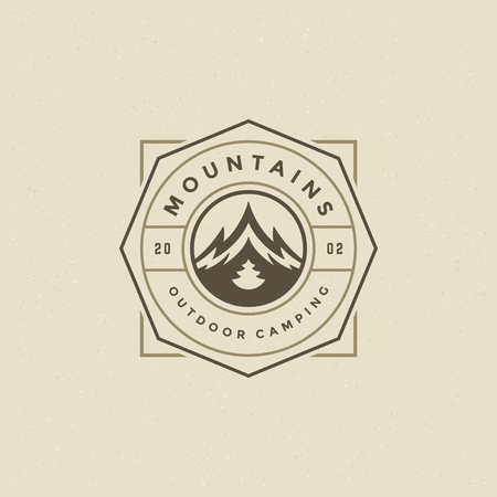 Mountains icon emblem vector illustration. Outdoor adventure expedition, mountains silhouette shirt, print stamp. Vintage typography badge design.のイラスト素材