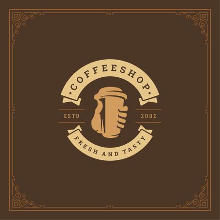 Coffee shop label design template vector illustration. Cup silhouette, good for cafeteria signage and cafe badge. Retro typography emblem.のイラスト素材