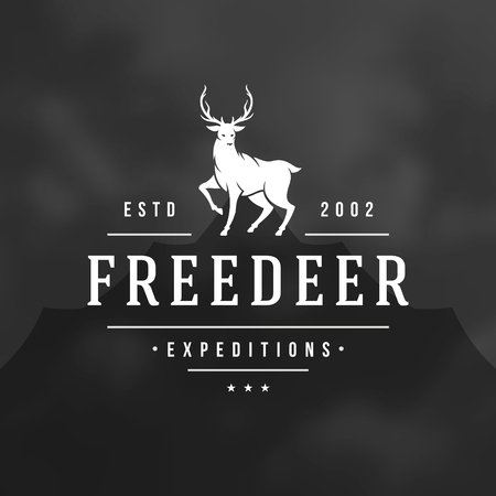 Forest camping logo emblem vector illustration. Outdoor adventure leisure, Deer silhouette shirt, print stamp. Vintage typography badge design.のイラスト素材