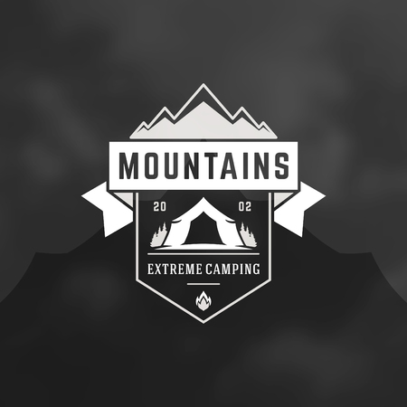 Forest camping logo emblem vector illustration. Outdoor adventure leisure, Tent and pine trees silhouettes shirt, print stamp. Vintage typography badge design.のイラスト素材