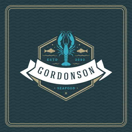 Seafood restaurant logo vector illustration. Market emblem, lobster silhouette. Vintage typography badge design.のイラスト素材