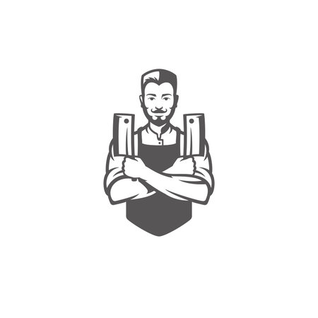 Butcher man holding knifes silhouette vector illustration.のイラスト素材