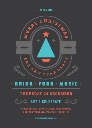 Christmas party poster design retro typography and decoration elements. Christmas holidays event flyer or invitation. Vector illustration.のイラスト素材