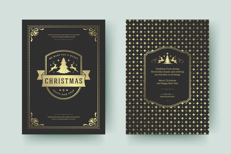 Christmas greeting card design template. Merry Christmas and holidays wishes retro typographic label and place for text with pattern background. Vector illustration.のイラスト素材