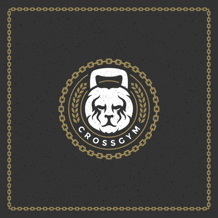Fitness gym badge or emblem vector illustration. Kettlebell lion head silhouette for t-shirt or print stamp. Retro typography logo design.のイラスト素材