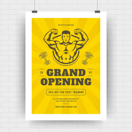 Fitness center flyer retro typographic layout, event cover design template A4 size with bodybuilder man with dumbbells silhouette. Vector Illustration.のイラスト素材