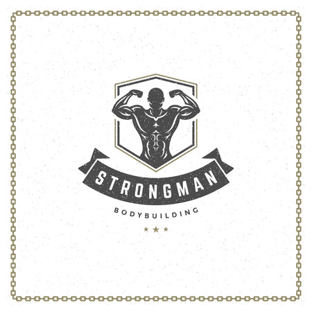 Fitness gym badge or emblem vector illustration. Bodybuilder man silhouette for t-shirt or print stamp. Retro typography logo design.のイラスト素材