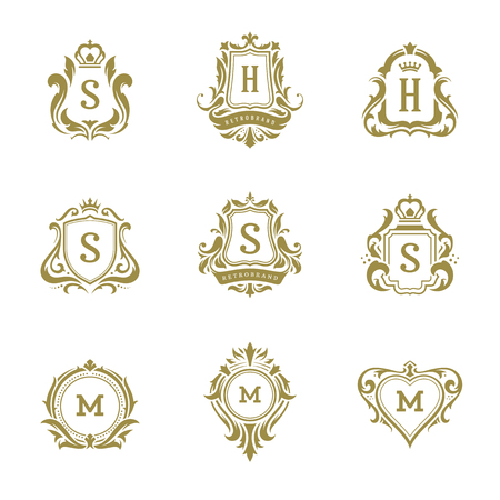 Luxury logos monograms crest design templates set vector illustration. Royal brands vintage vignette ornaments.のイラスト素材