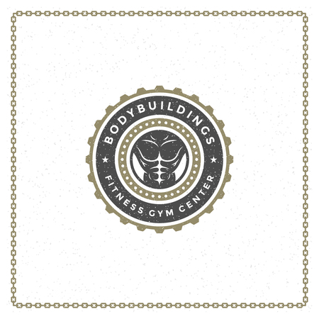 Fitness gym badge or emblem vector illustration. Bodybuilder man silhouette for t-shirt or print stamp. Retro typography logo design.のイラスト素材