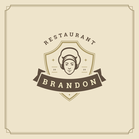 Restaurant logo template vector illustration. Chef man face in hat silhouette, good for restaurant menu and cafe badge. Vintage typography emblem design.のイラスト素材