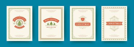 Christmas cards vintage typographic design ornate decorations symbols with winter holidays wishesのイラスト素材
