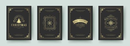 Christmas greeting cards vintage design, ornate decoration symbols and winter holidays wishesのイラスト素材