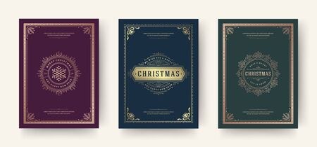 Christmas greeting cards vintage typographic design, ornate decorations symbols with snowflakeのイラスト素材