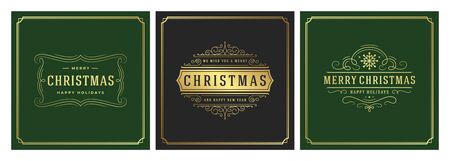 Christmas square banners vintage typographic design, ornate decorations symbols vector illustrationのイラスト素材