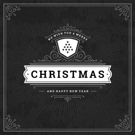 Merry christmas and happy new year text greeting card vintage typographic design, ornate decoration with tree symbolのイラスト素材
