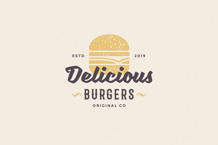 Hand drawn logo burger silhouette and modern vintage typography retro style vector illustration.のイラスト素材