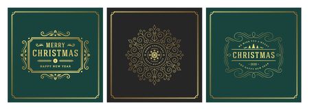 Christmas square banners vintage typographic design, ornate decorations symbols vector illustrationのイラスト素材
