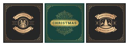 Christmas square banners vintage typographic design, ornate decorations symbols vector illustrationのイラスト素材