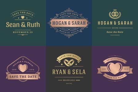 Wedding invitations save the date and badges elegant templates set. Vintage typography design elements for cards, ornate titles, ornament decorations and wedding symbols.のイラスト素材