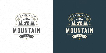 Forest camping  emblem vector summer camping illustration mountains with cabin and pine trees silhouettesのイラスト素材